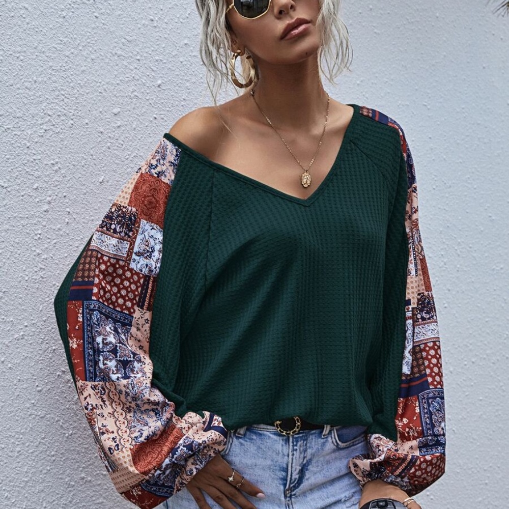 brown  v neck wide sleep waffle long sleeve top - Picture 6 of 16